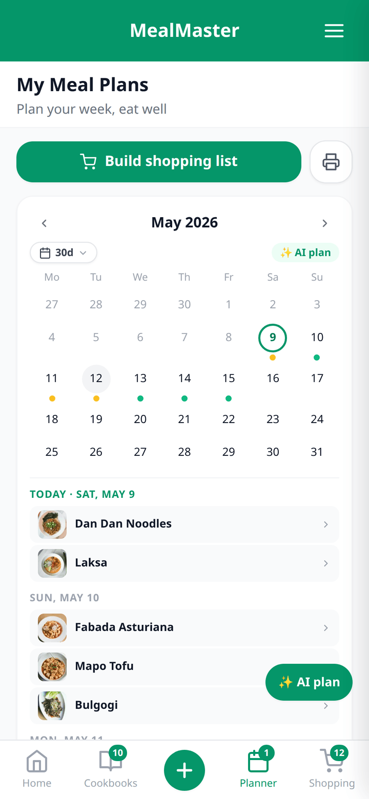 Meal Master meal plan screen